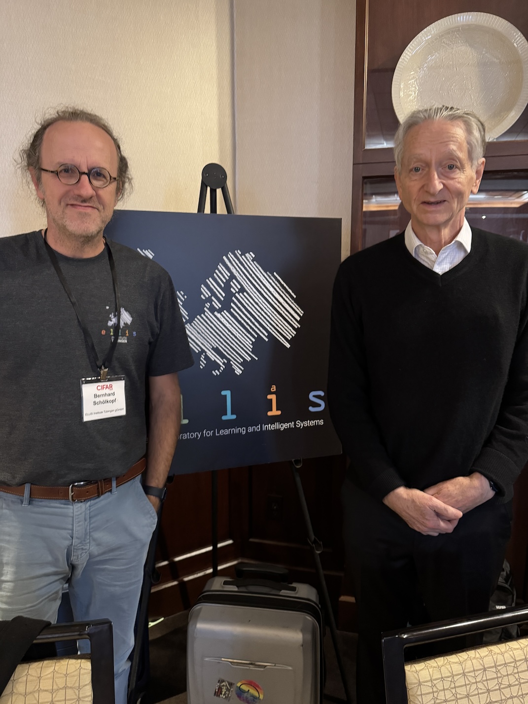 Bernhard Sch&ouml;lkopf with Nobel Prize laureate Geoff Hinton, founding director of the CIFAR LMB program (at the time, called &rsquo;Neural Computation and Adaptive Perception&rsquo;).