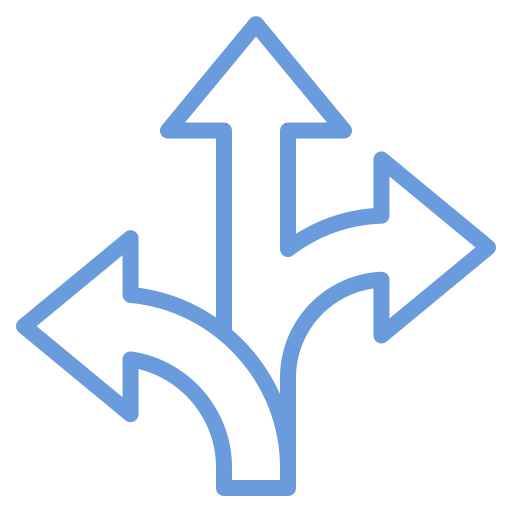 blue outline icon 3 arrows going in different directions