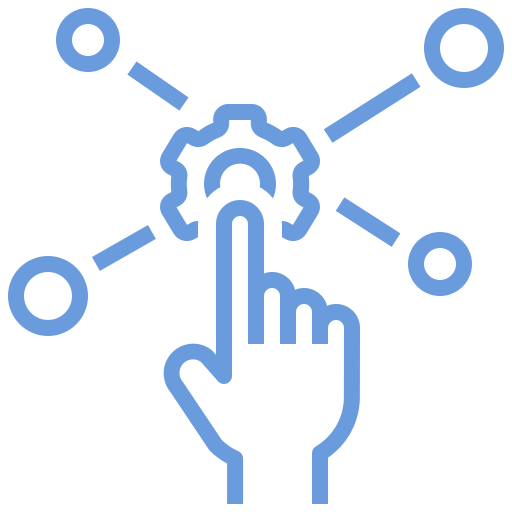 blue outline icon finger touching a central point with lines coming out of it