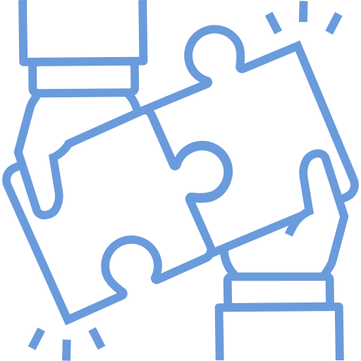 blue outline icon 2 hands holding puzzle pieces fitting together