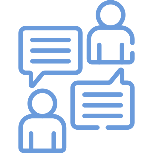 blue outline icon two people each with a speech bubble talking to each other