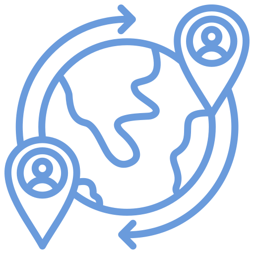 blue outline icon earth with 2 point marked and arrows pointing to them
