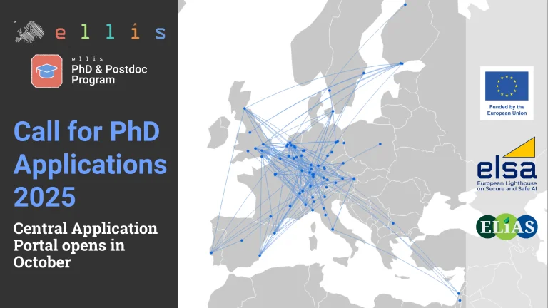ELLIS PhD & Postdoc Program, Call for PhD Applications 2025, Central Application Portal opens in October, a graphic of a European map with blue dots and lines connecting them, plus the ELSA, ELIAS and Funded by the European Union logos