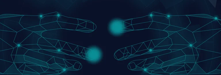 two hands in blue outline reach towards each other