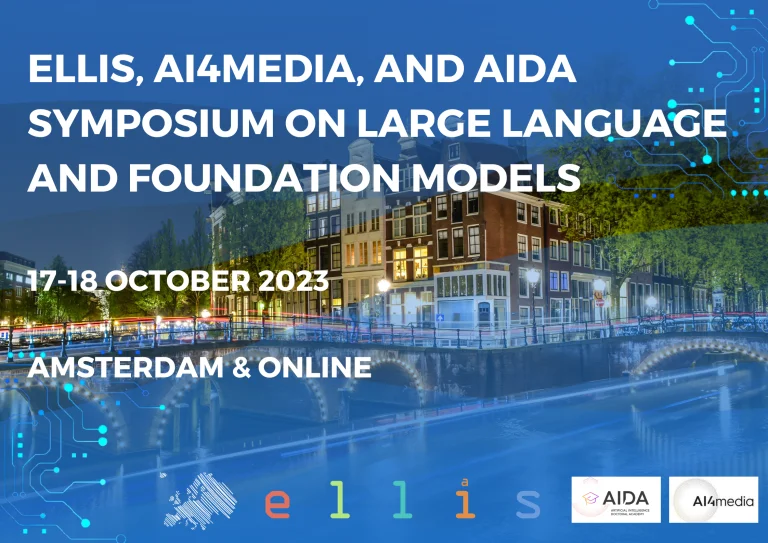 A photo of a canal in Amsterdam overlaid with text ELLIS, AI4Media, and AIDA Symposium on Large Language and Foundation Models