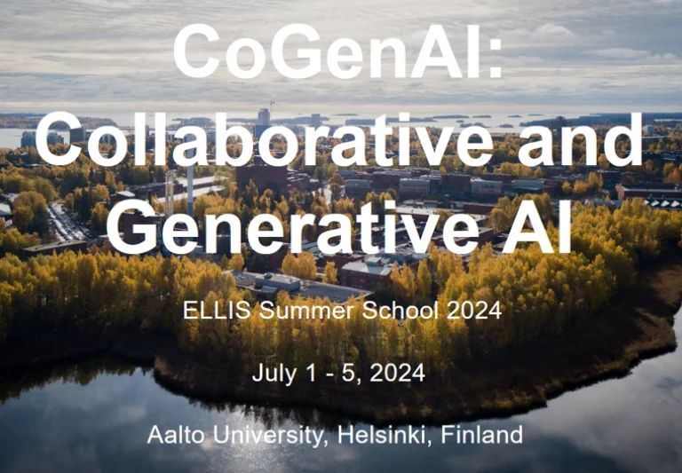 Photo of Helsinki with text overlay CoGenAI: Collaborative and Generative AI ELLIS Summer School 2024 July 1-5, 2024, Aalto University, Helsinki, Finland