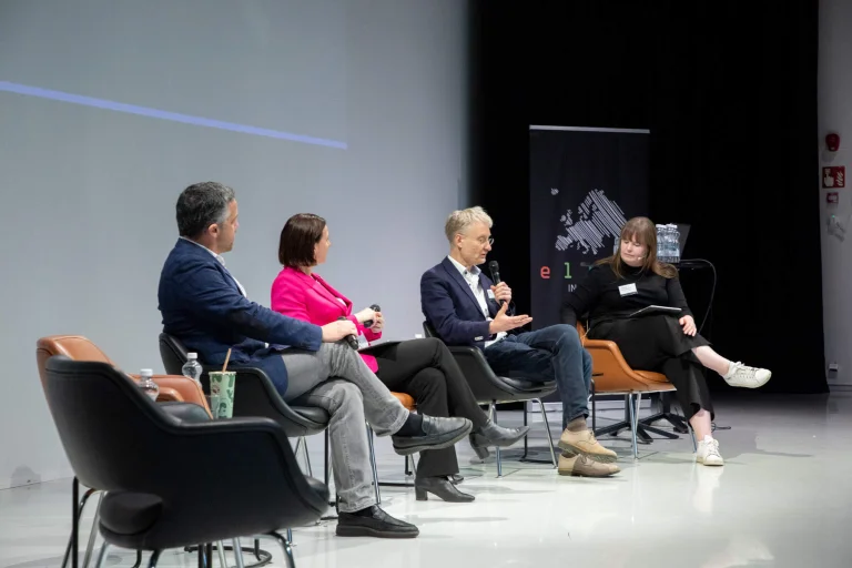 Serge Belongie, Laura Ruotsalainen (University of Helsinki), Max Welling (University of Amsterdam) and Jessica Montgomery (University of Cambridge) participate in a panel discussion on Europe's agenda for AI in science, photo by Matti Ahlgren/Aalto University