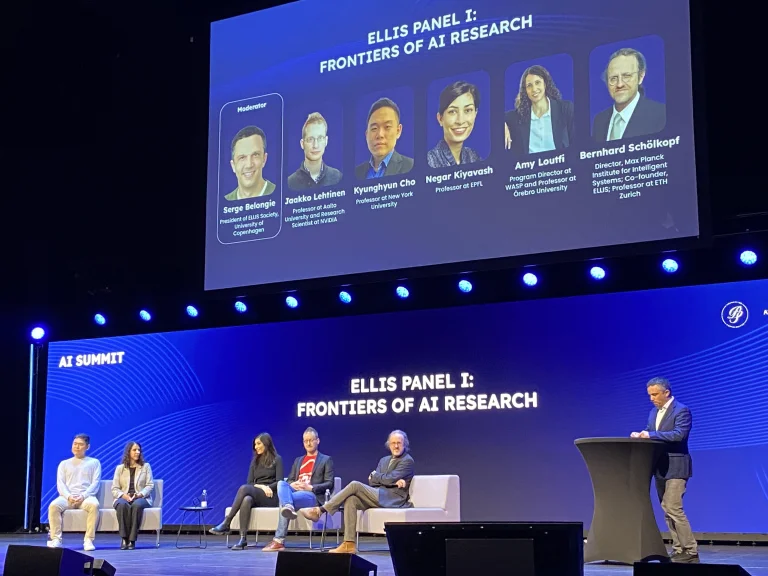 Panel I on 'Frontiers of AI research' with Kyunghyun Cho, Amy Loutfi, Negar Kiyavash, Jaakko Lehtinen and Bernhard Schölkopf, moderated by Serge Belongie.