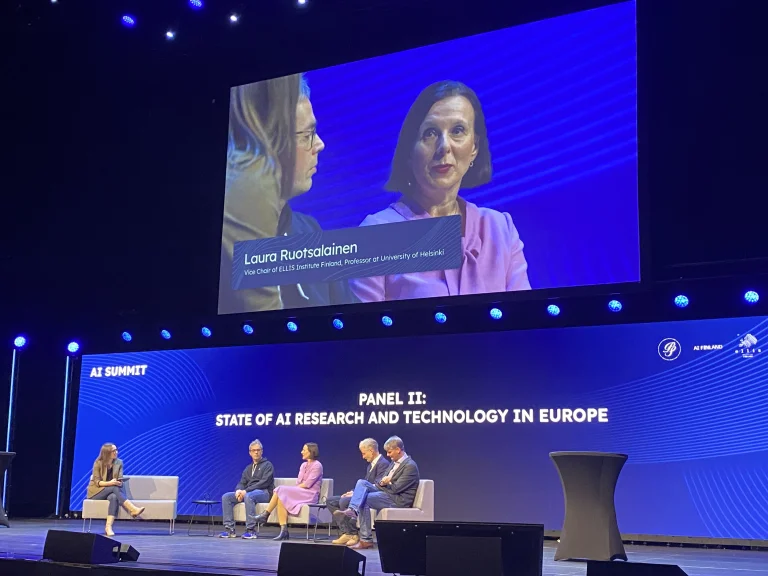 Panel II on the 'State of AI research and technology in Europe' with Laurent Sifre, Laura Ruotsalainen, Max Welling and Neil Lawrence, moderated by Larissa Holzki.