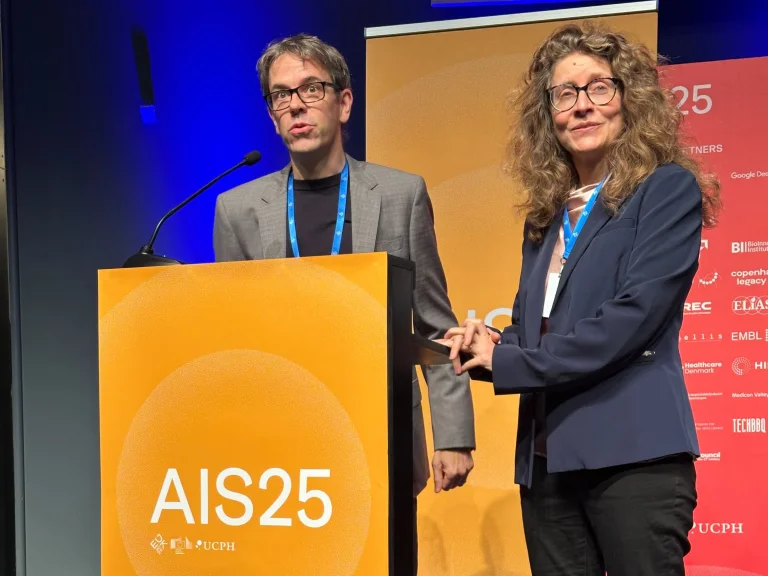 Oliver Stegle, ELLIS Board Member, and Anna Kreshuk from EMBL speak at the AIS25 in Copenhagen