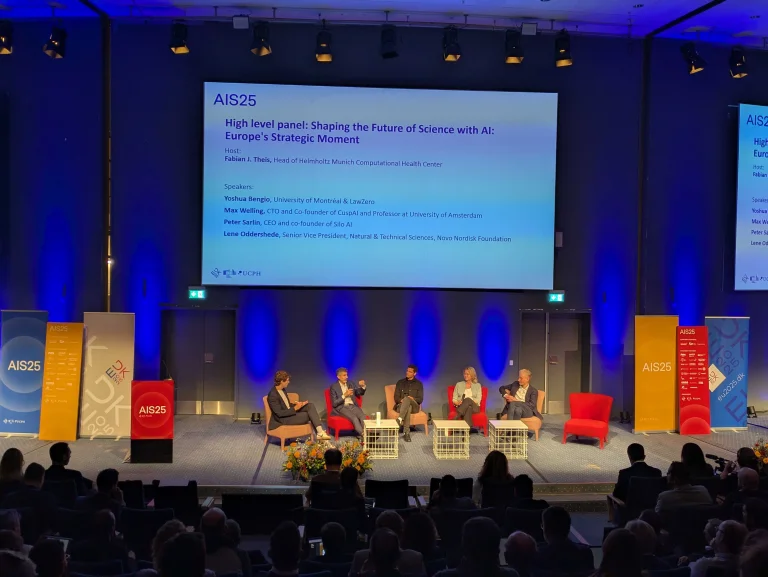 Panel with Yoshua Bengio, Max Welling, Peter Sarlin and Lene Oddershede speaking on shaping the future of science with AI at AIS25 in Copenhagen