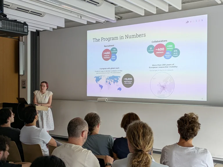 Charlotte Delage (ELLIS PhD & Postdoc Program Coordinator) sharing the latest numbers reflecting the high reach and popularity of the programme.