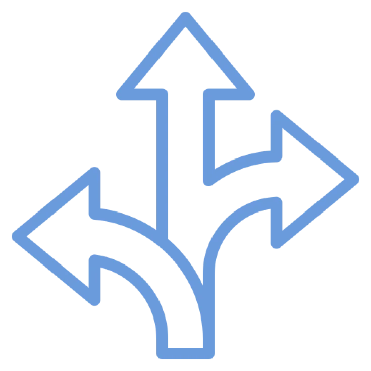 blue outline icon 3 arrows going in different directions