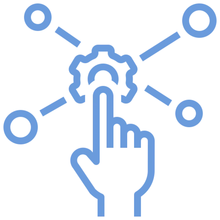 blue outline icon finger touching a central point with lines coming out of it