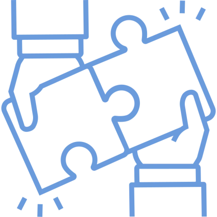 blue outline icon 2 hands holding puzzle pieces fitting together