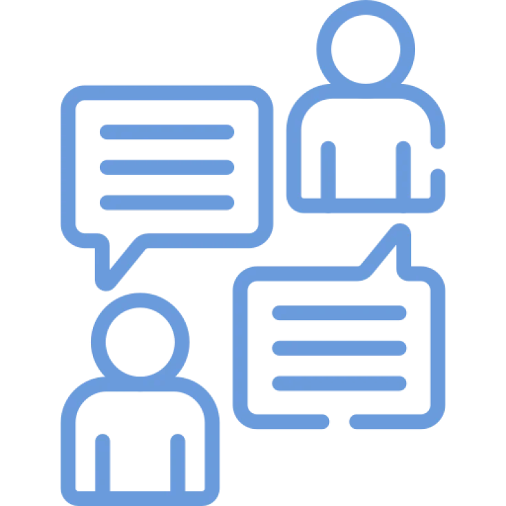 blue outline icon two people each with a speech bubble talking to each other