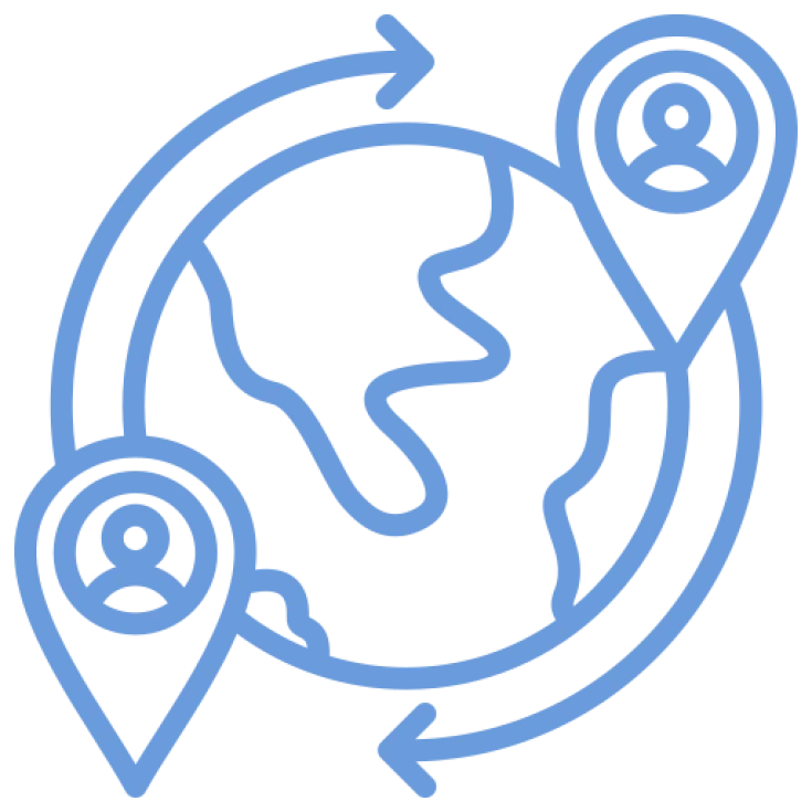 blue outline icon earth with 2 point marked and arrows pointing to them