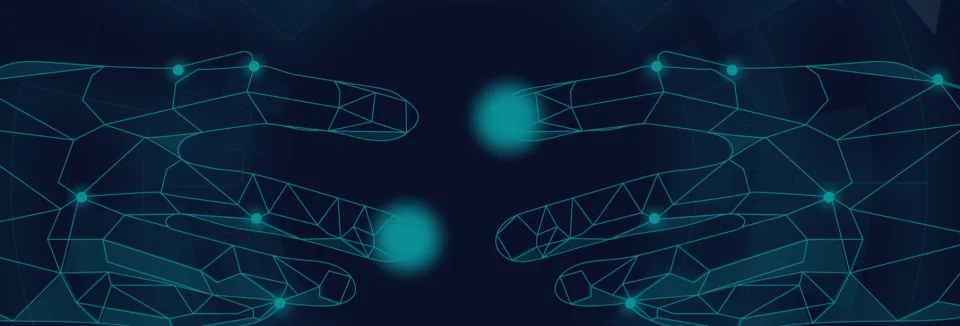 two hands in blue outline reach towards each other