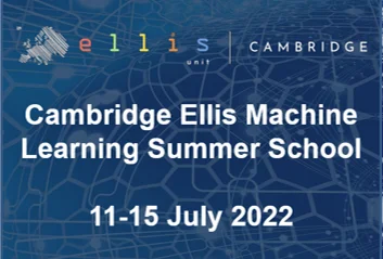 blue patterned background with text overlay Cambridge ELLIS Machine Learning Summer School 11-15 July 2022