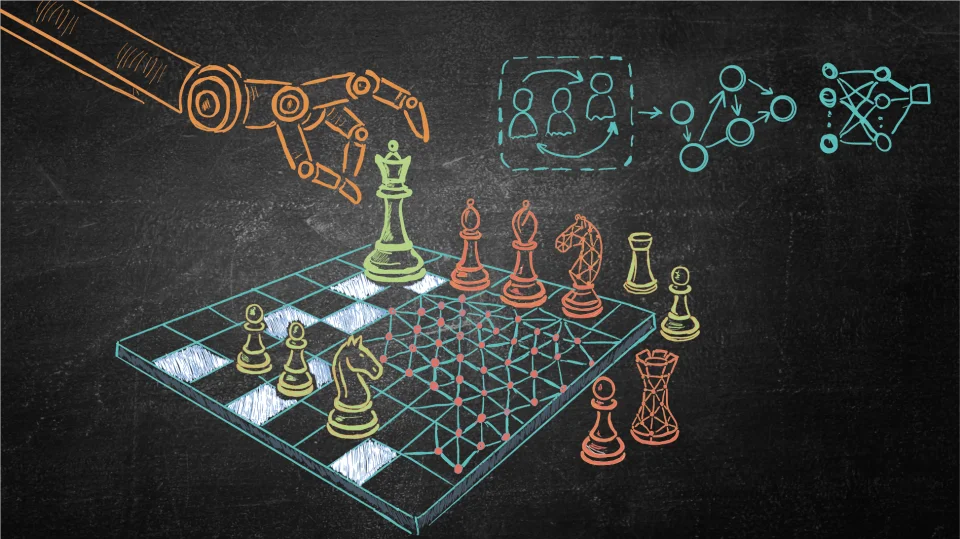 Chalk drawn chess set with robot hand playing