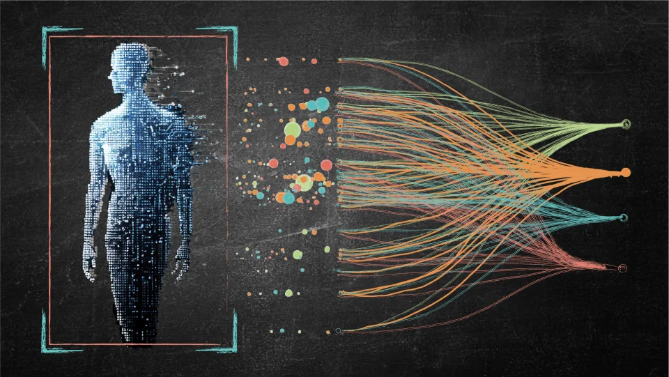 chalk drawn image of a human body being broken down into pieces then flowing into colorful directions