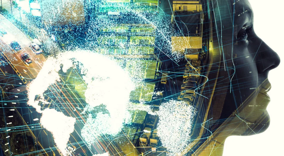 Abstract image with the globe, a highway and traffic superimposed over a face