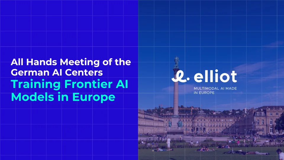 All Hands Meeting of the German AI Centers: Training Frontier AI Models in Europe, with the ELLIOT logo in front of a photo of Stuttgart