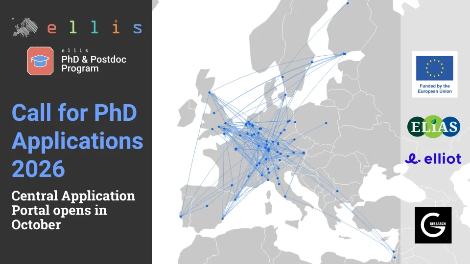 ELLIS PhD & Postdoc Program Call for Applications 2026: Central Application Portal opens in October with map of PhD collaborations across Europe, funded by the European Union, ELIAS, ELLIOT and G-Research