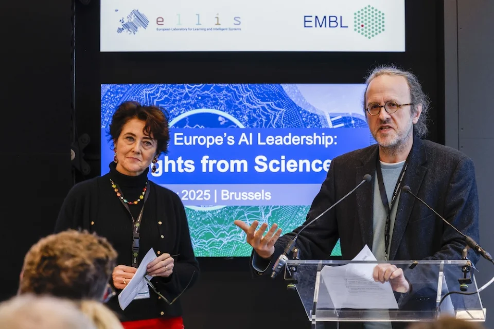 EMBL Director General Edith Heard and ELLIS President Bernhard Schölkopf speaking to the audience in Brussels
