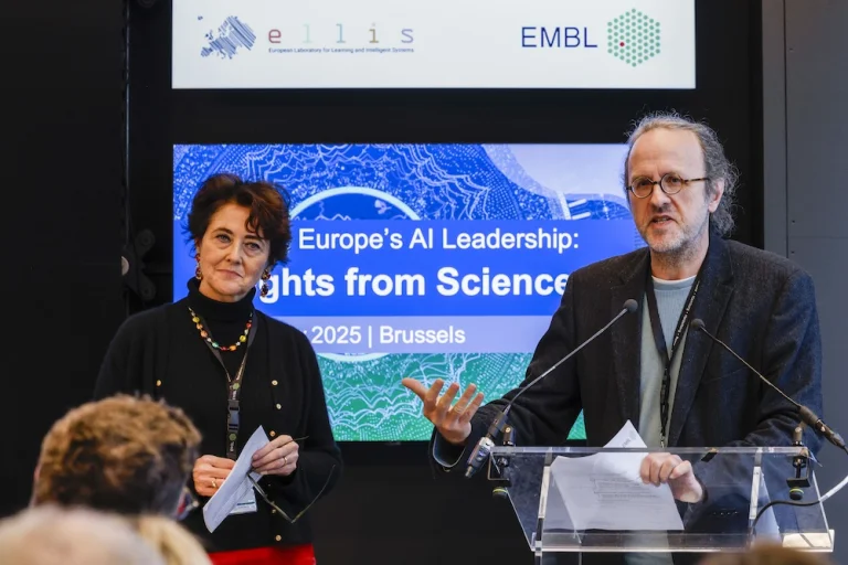 EMBL Director General Edith Heard and ELLIS President Bernhard Schölkopf speaking to the audience in Brussels