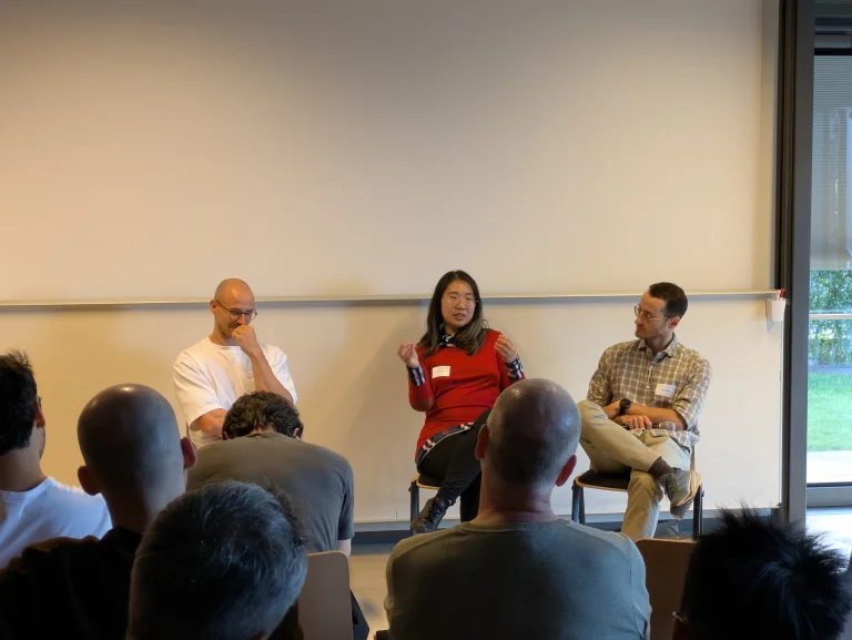 Panel discussion with (left to right) Niki Kilbertus (Technical University of Munich), Zhijing Jin and Luigi Gresele